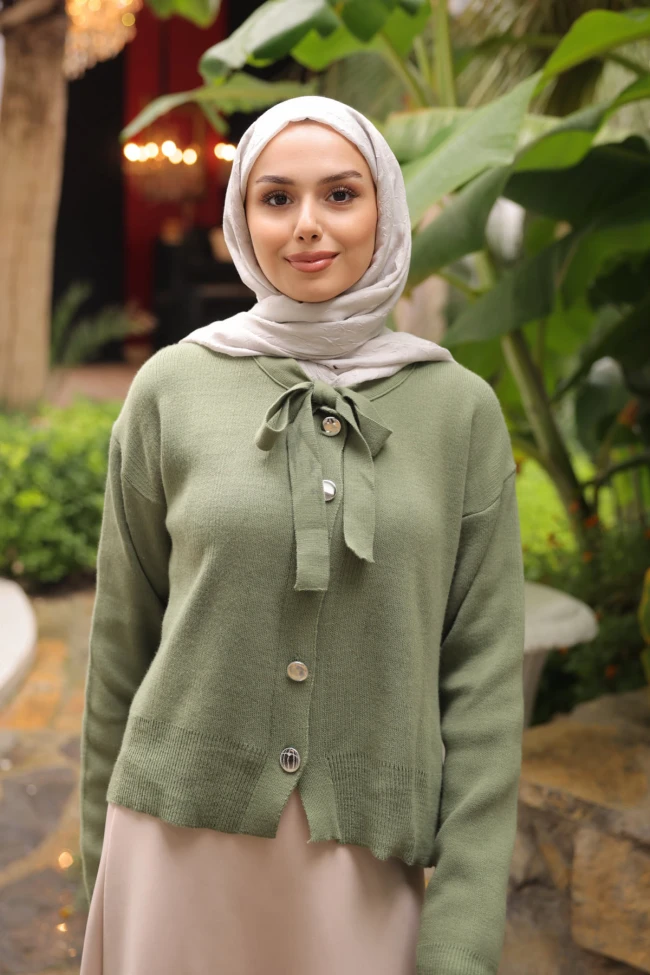 Yeşil Yaka Bağlamalı Düğmeli Triko Hırka