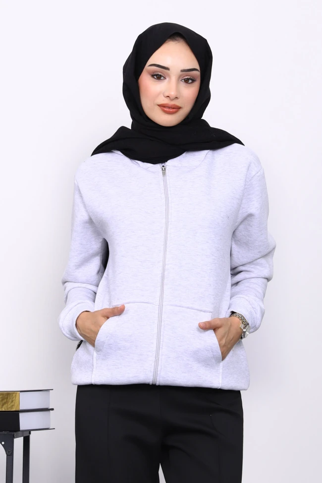 Açık Gri Kanguru Cepli Şardonlu Üç İplik Hırka