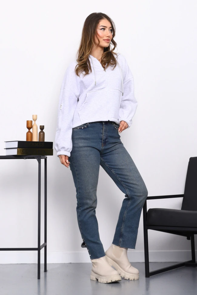 Açık Gri Sağ Kol Fermuarlı Cepli Üç İplik Sweat Hırka