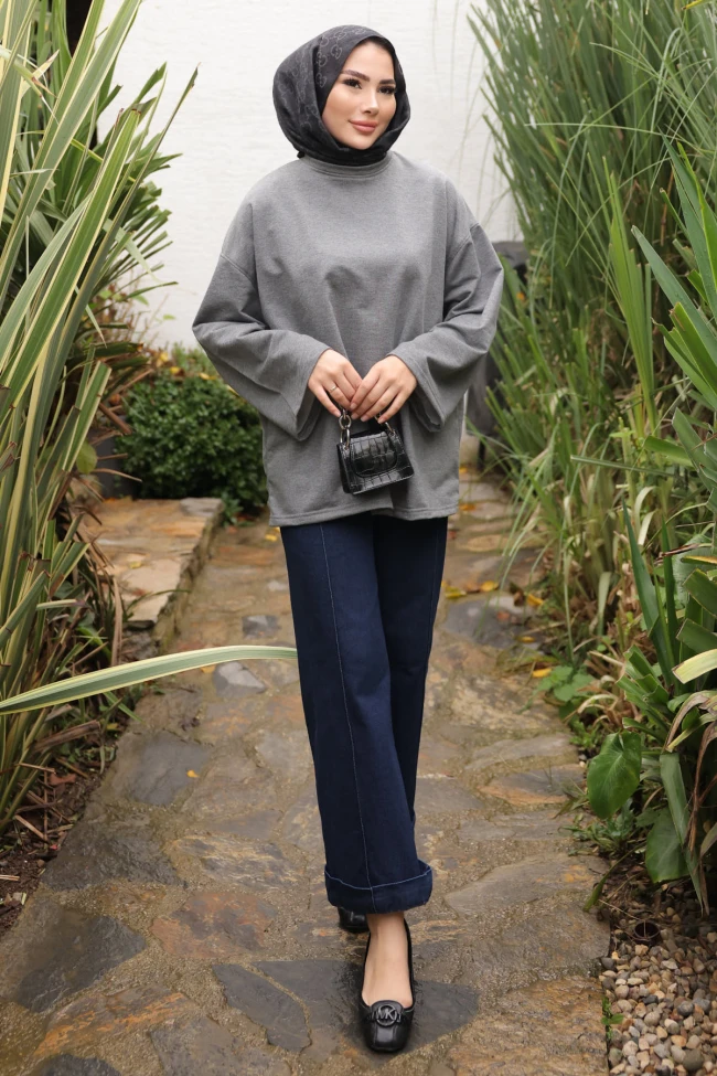 Antrasit Bisiklet Yaka Oversize İki İplik Tunik