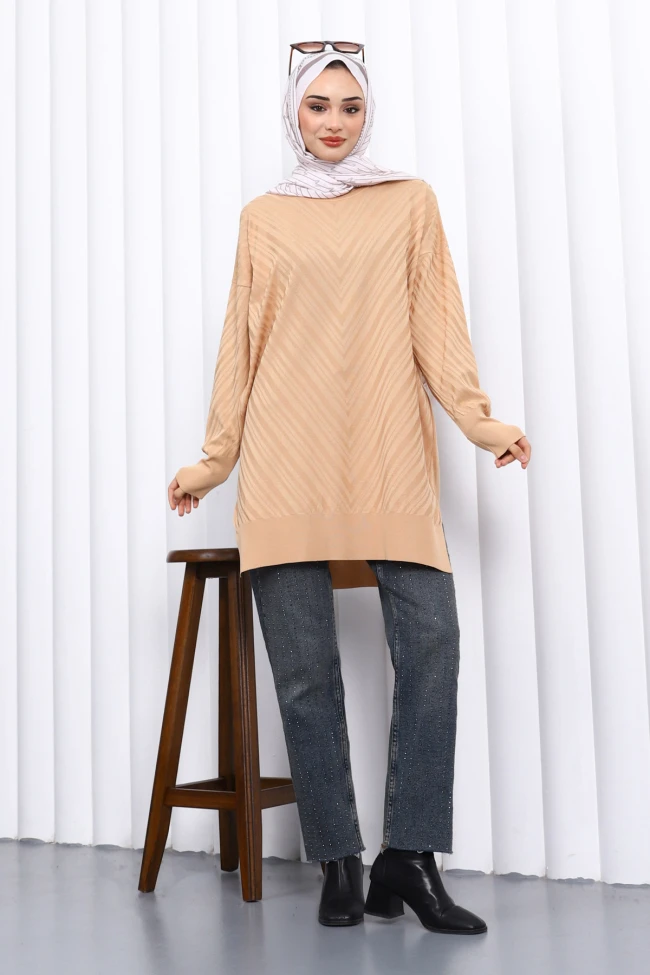 Bisküvi Bisiklet Yaka Soğuk İplik Triko Tunik