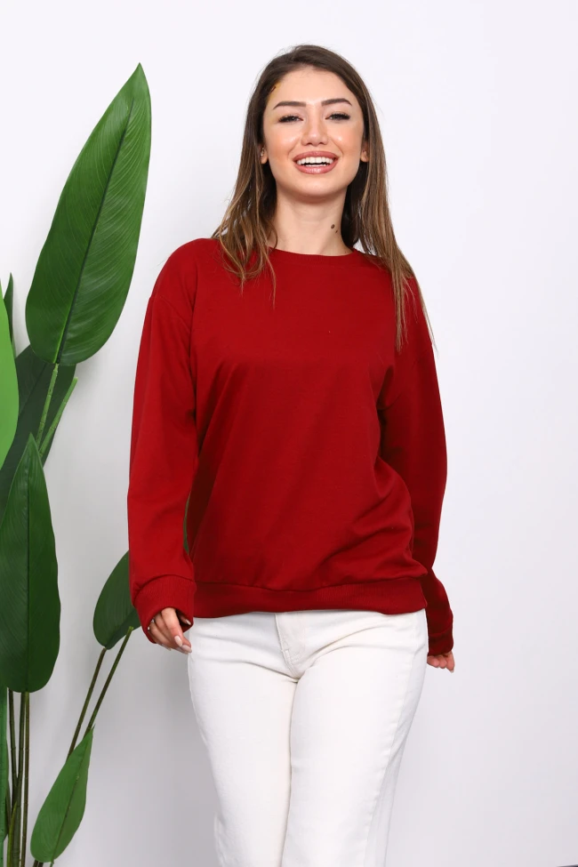 Bordo Bisiklet Yaka İki İplik Sweatshirt