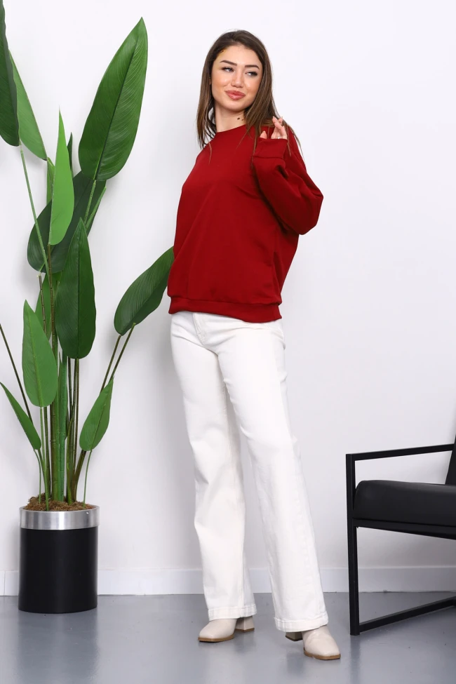 Bordo Bisiklet Yaka İki İplik Sweatshirt