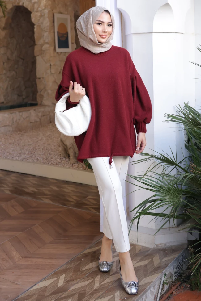 Bordo Bisiklet Yaka Keçe Kazak