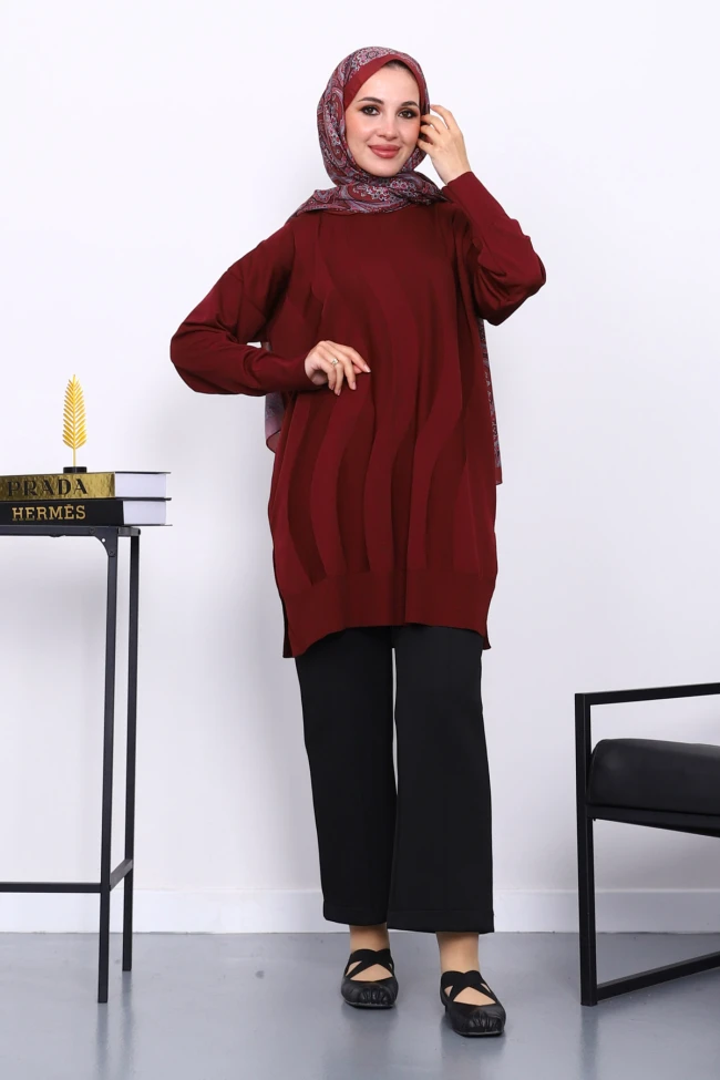 Bordo Bisiklet Yaka Soğuk İplik Triko Tunik