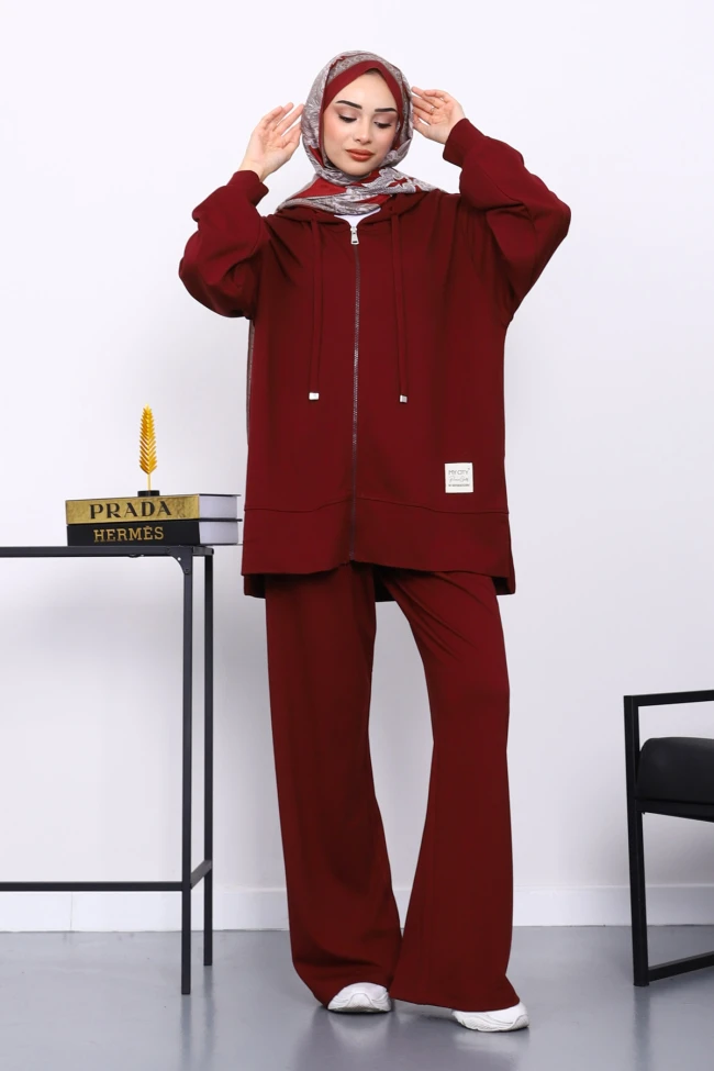 Bordo Fermuarlı Tunik Pantolonlu Takım