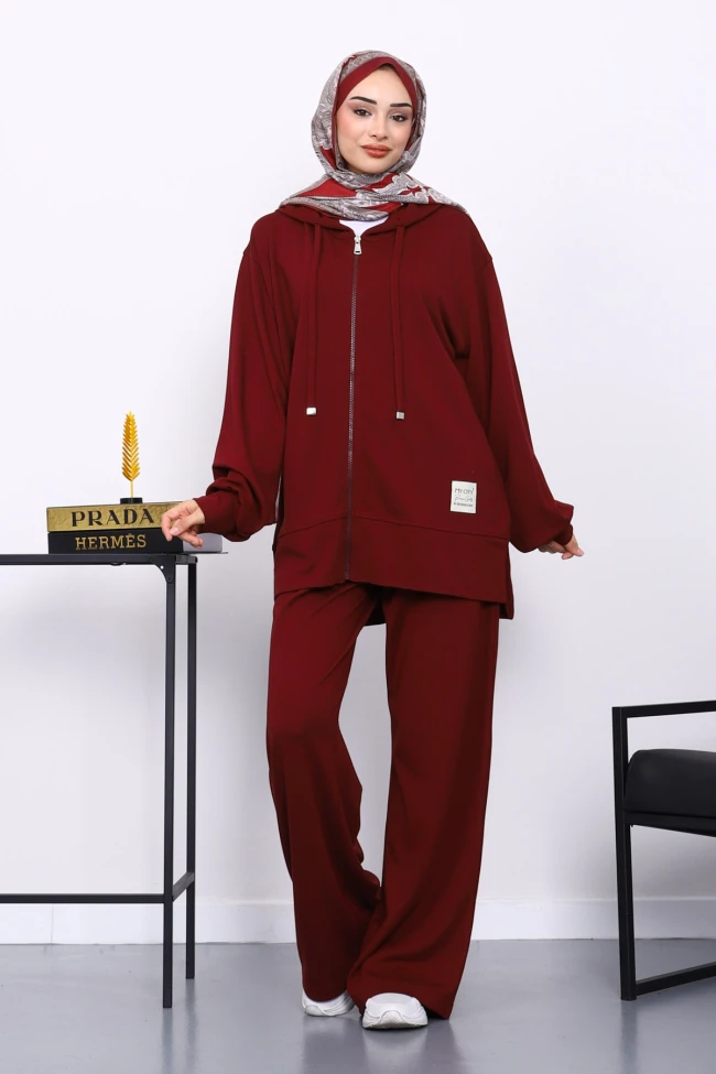 Bordo Fermuarlı Tunik Pantolonlu Takım