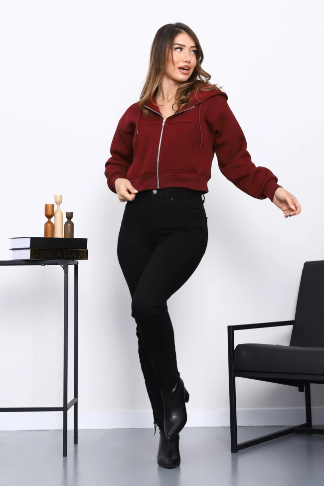 Bordo Kısa Kanguru Cepli Fermuarlı Üç İplik Sweat Hırka