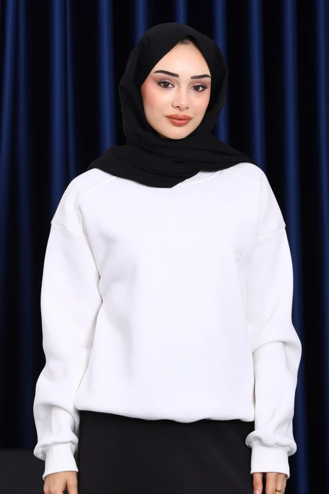 Ekru Bisiklet Yaka Şadonlu Üç iplik Sweat