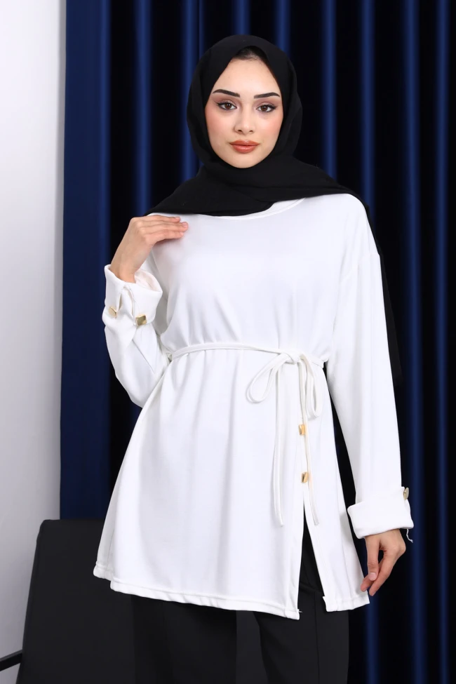 Ekru Düğme Detaylı Modal Tunik