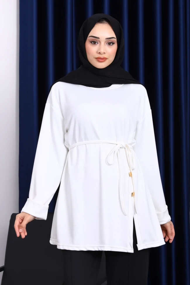 Ekru Düğme Detaylı Modal Tunik