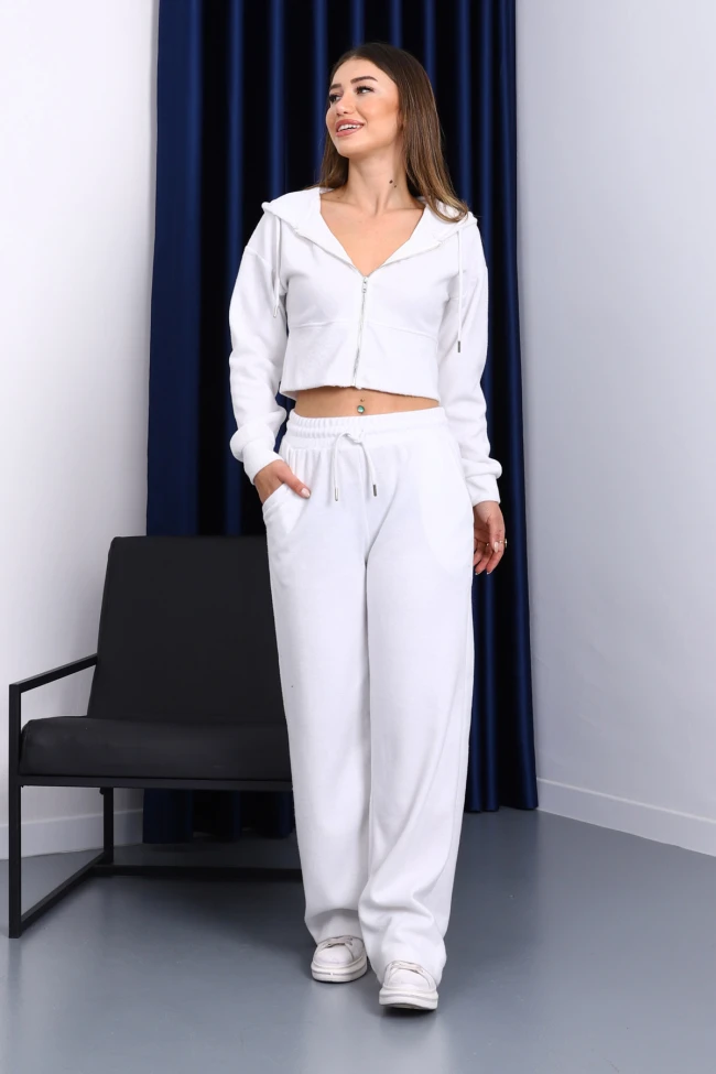Ekru Kapşonlu Hırka Pantolonlu Selanik Takım