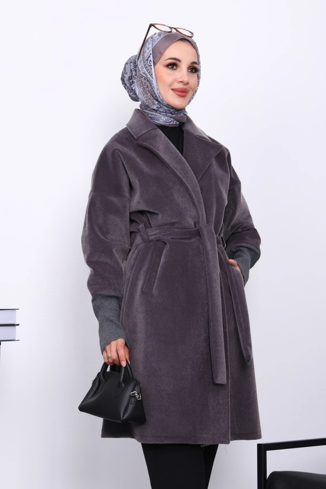 Füme Bel Kuşaklı Çift Cepli Angora Kaban