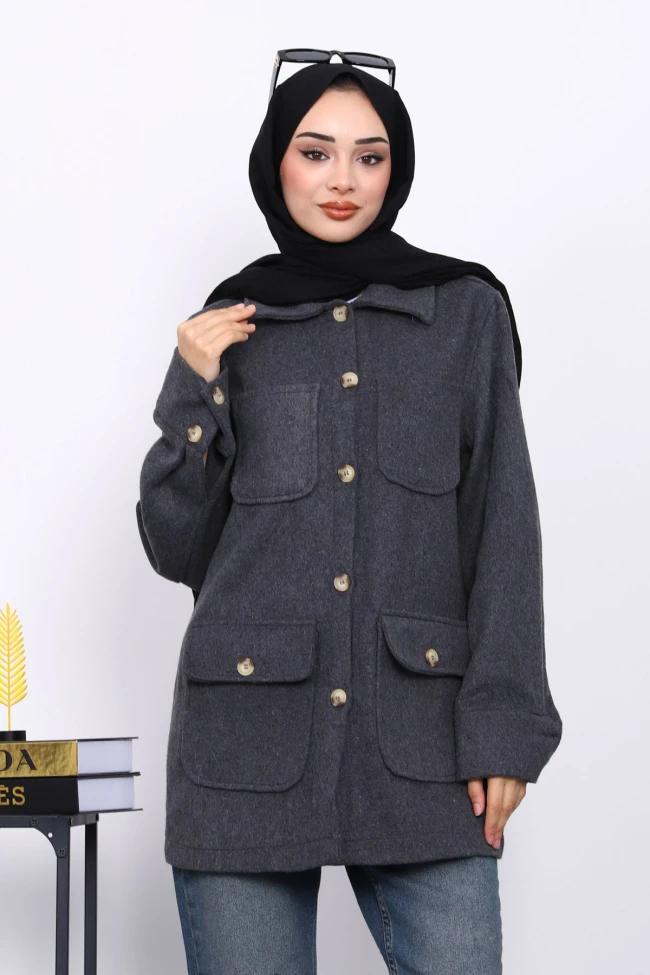 Füme Cepli Düğmeli Kaşe Ceket