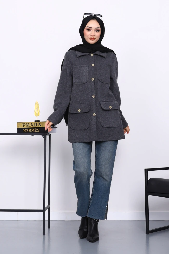 Füme Cepli Düğmeli Kaşe Ceket