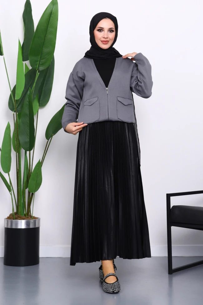 Füme Çift Cepli Fermuarlı Triko Hırka