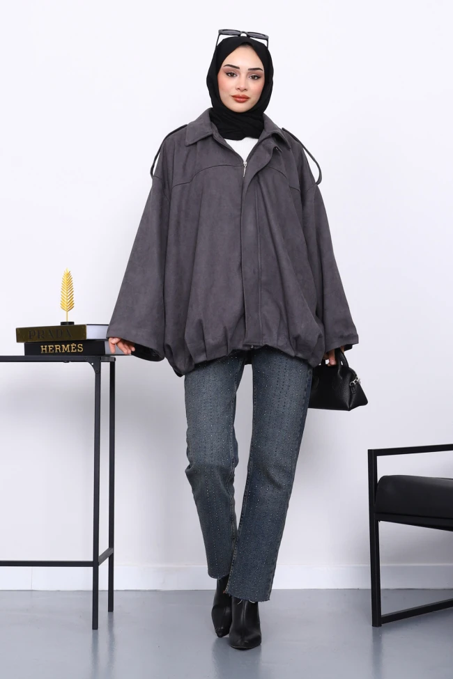 Füme Eteği Pileli Oversize Süet Ceket