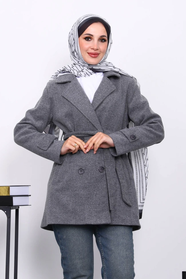 Füme Kruvaze Yaka Çift Düğmeli Kaşe Kaban