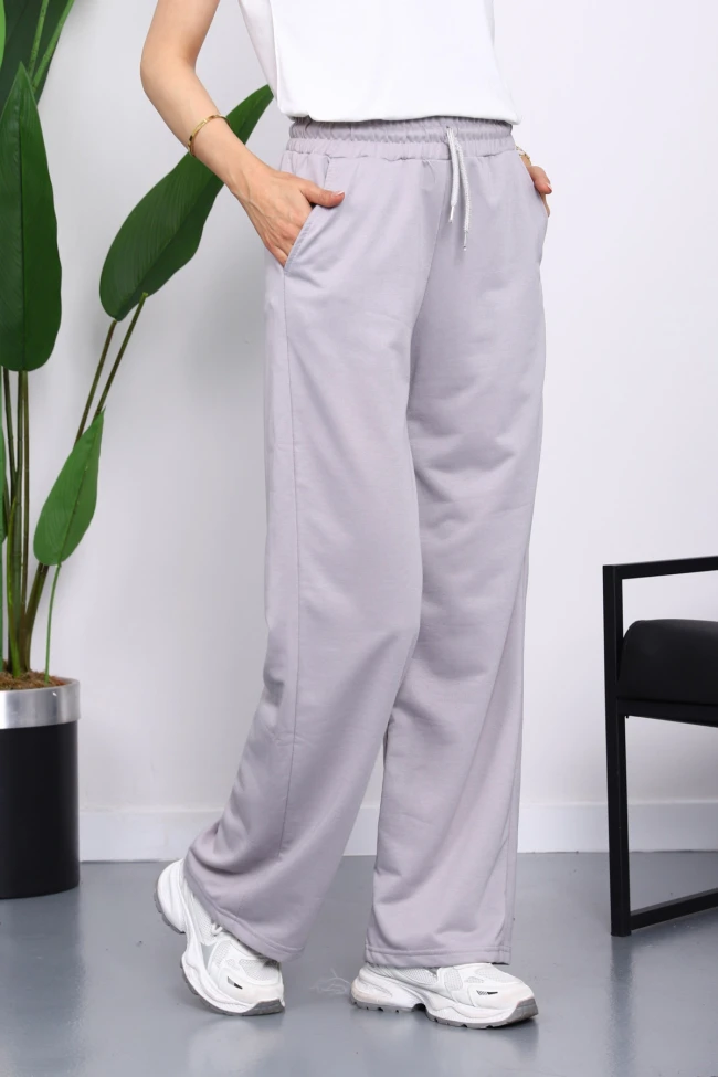 Gri Bel Lastikli İki İplik Palazzo Eşofman Alt