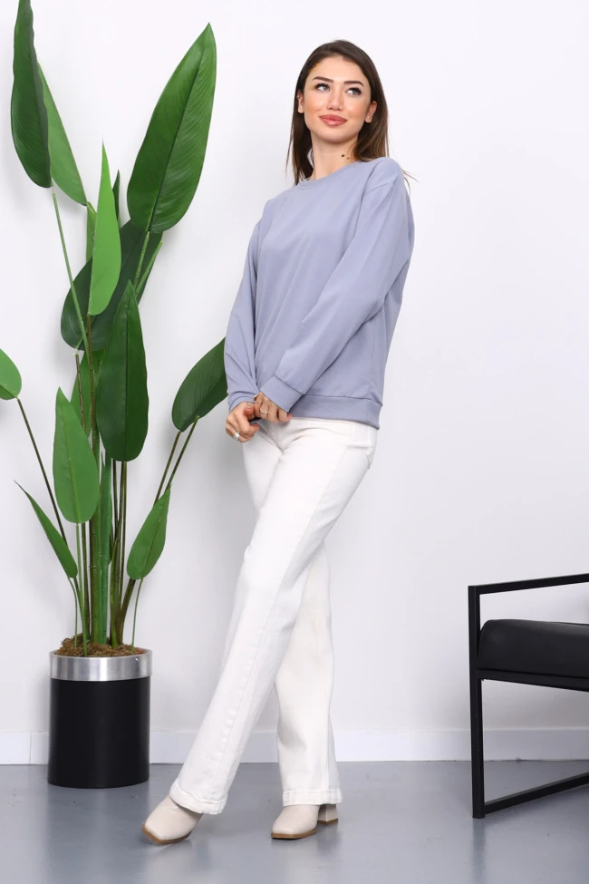 Gri Bisiklet Yaka İki İplik Sweatshirt