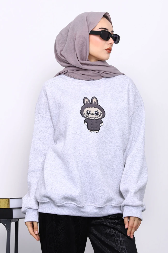 Gri Bisiklet Yaka Üç İplik Sweat