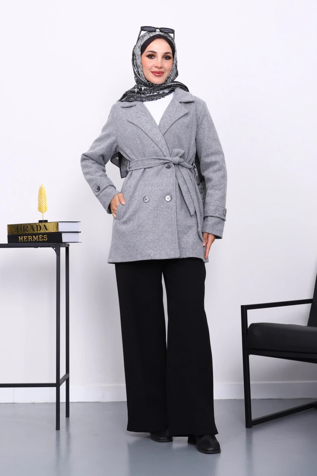 Gri Kruvaze Yaka Çift Düğmeli Kaşe Kaban