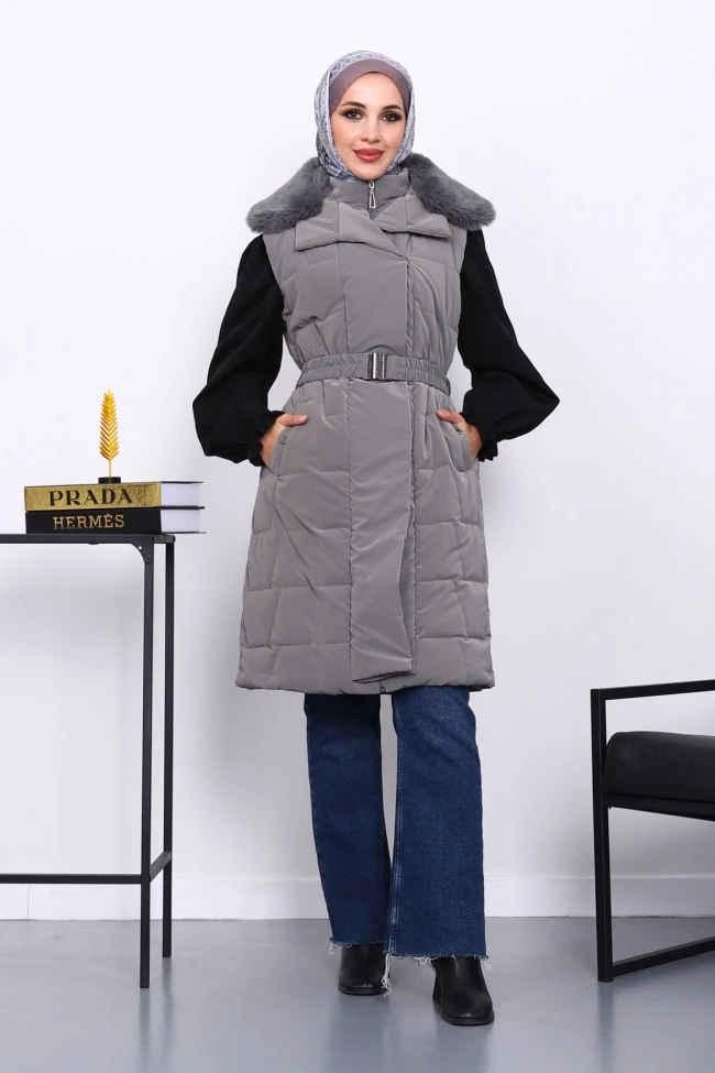 Gri Yaka Kürklü Lastik Kemerli Uzun Şişme Yelek