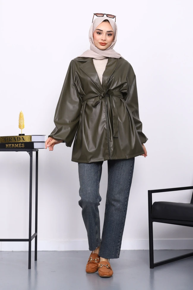 Haki Balon Kol Kuşaklı Deri Ceket