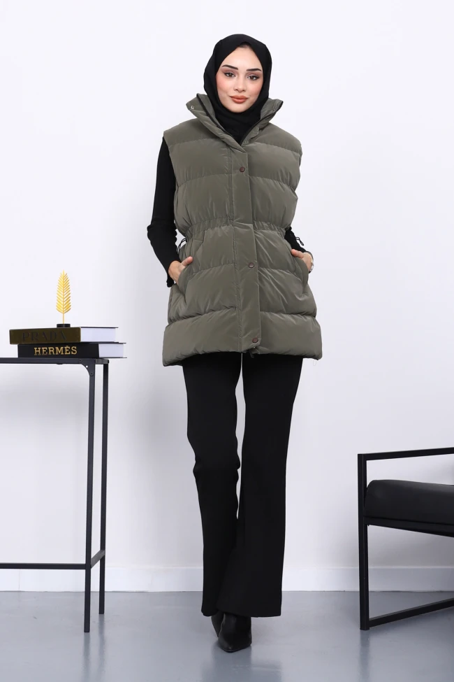 Haki Bel Lastikli Cepli Şişme Yelek