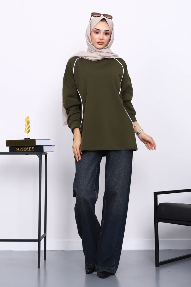 Haki Biyeli İki İplik Sweatshirt