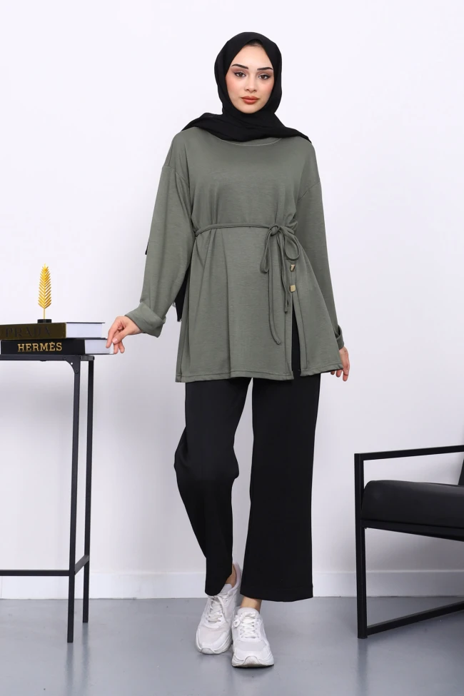 Haki Düğme Detaylı Modal Tunik