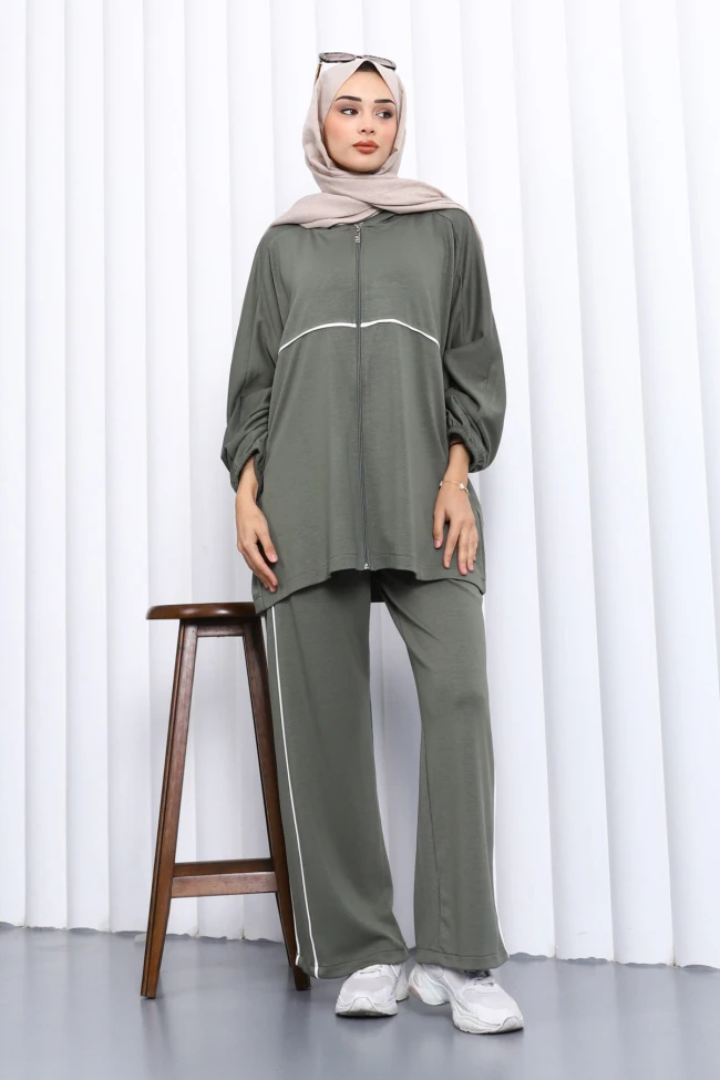 Haki Fermuarlı Sweat Pantolonlu Modal Takım