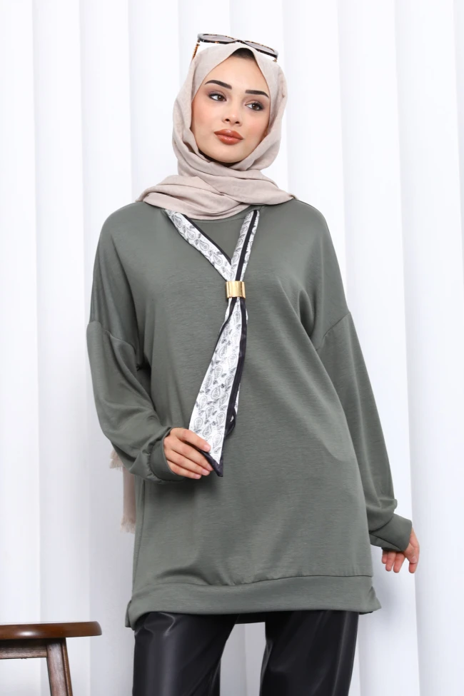 Haki Fular Aksesuarlı Modal Tunik