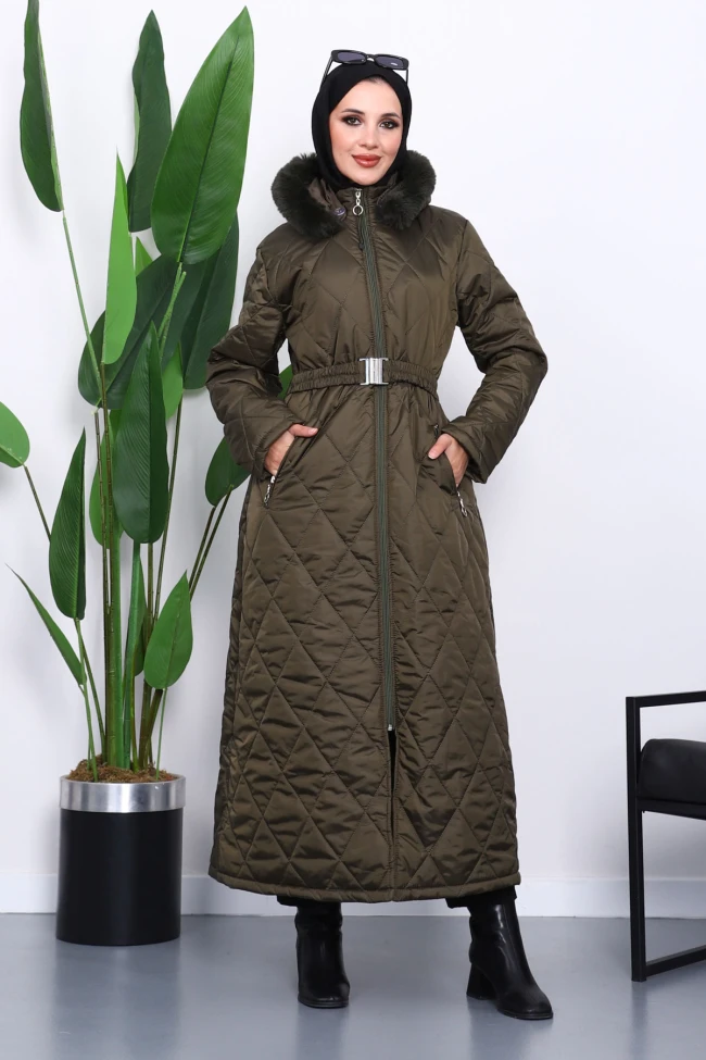 Haki Kapüşonlu Kapitone Uzun Şişme Mont