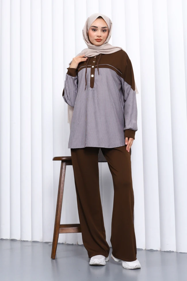 Kahve Gömlek Garnili Pantolonlu Takım