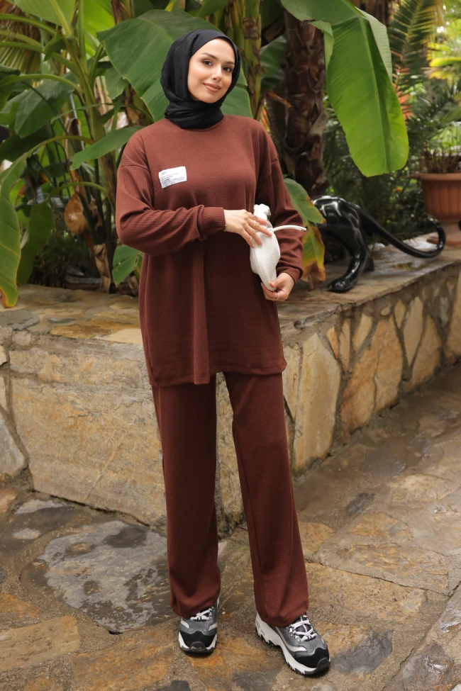 Kahverengi Armalı Tunik Pantolonlu Takım