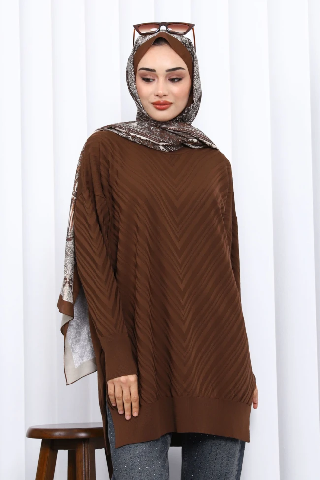 Kahverengi Bisiklet Yaka Soğuk İplik Triko Tunik