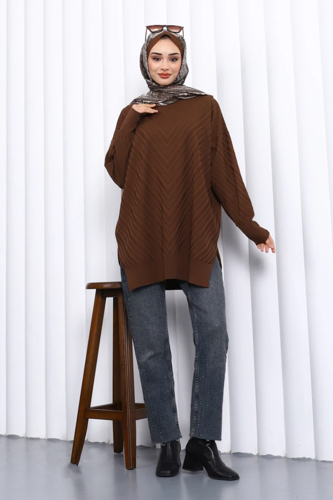 Kahverengi Bisiklet Yaka Soğuk İplik Triko Tunik