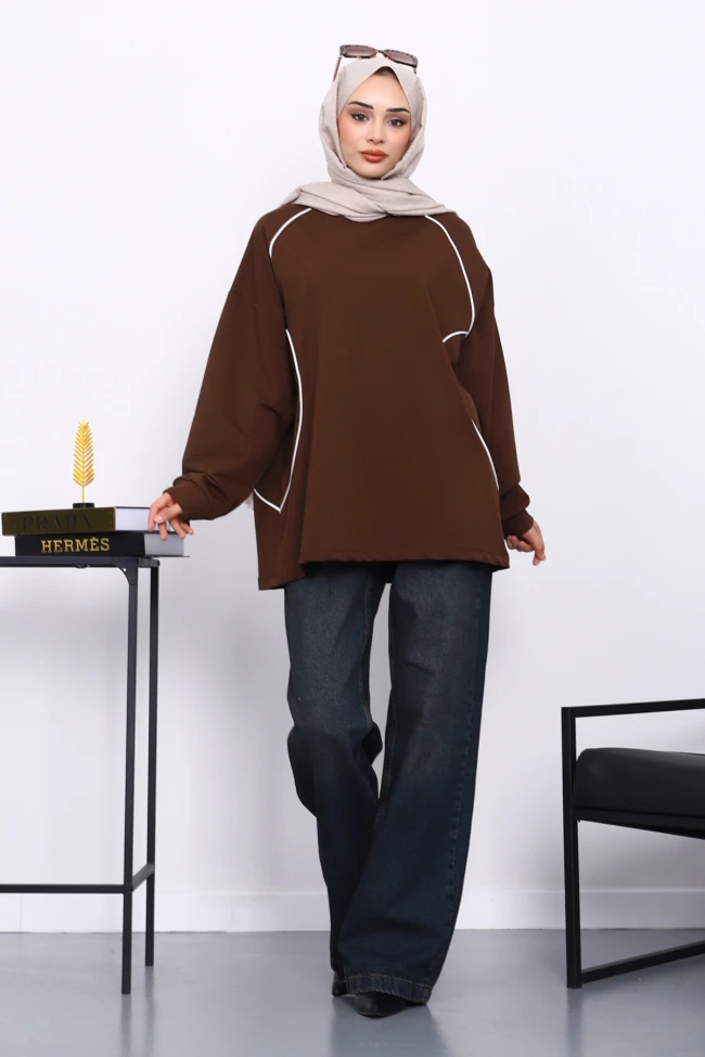 Kahverengi Biyeli İki İplik Sweatshirt