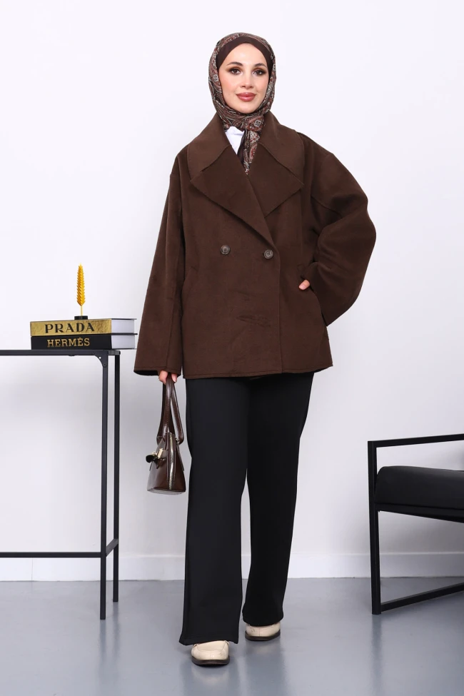 Kahverengi Çift Cepli Düğmeli Kaşe Ceket