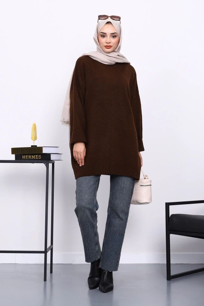 Kahverengi Dik Yaka Oversize Triko Kazak