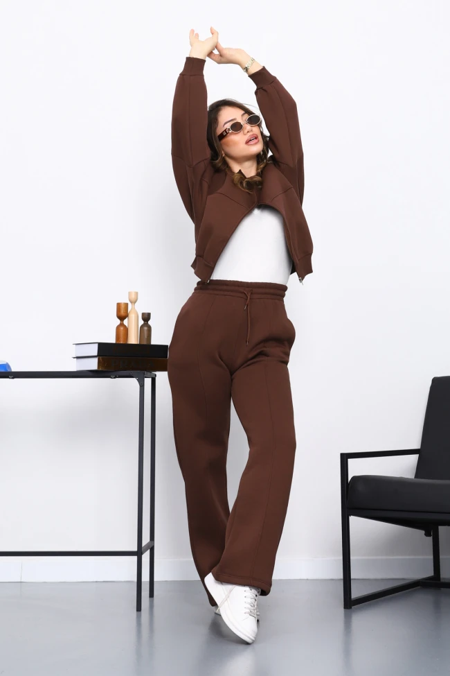 Kahverengi Üç İplik Sweat Hırka Pantolonlu Takım