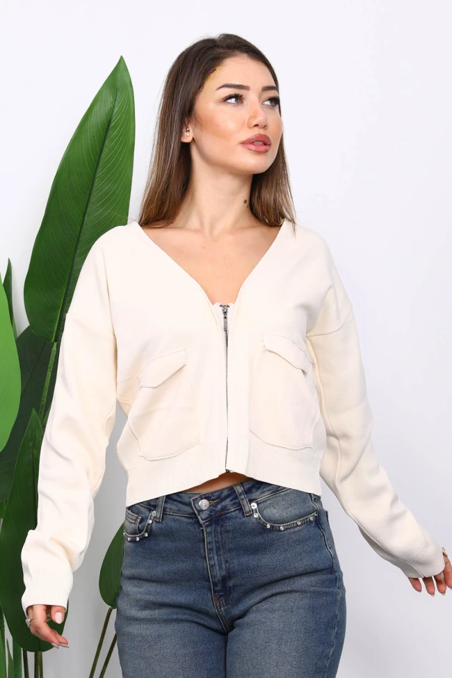 Krem Çift Cepli Fermuarlı Triko Hırka