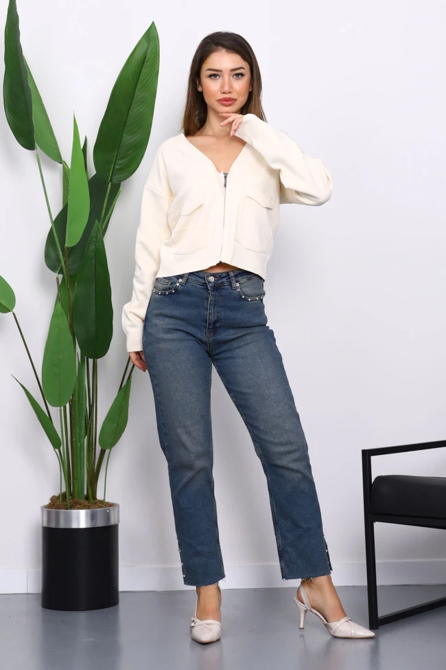 Krem Çift Cepli Fermuarlı Triko Hırka