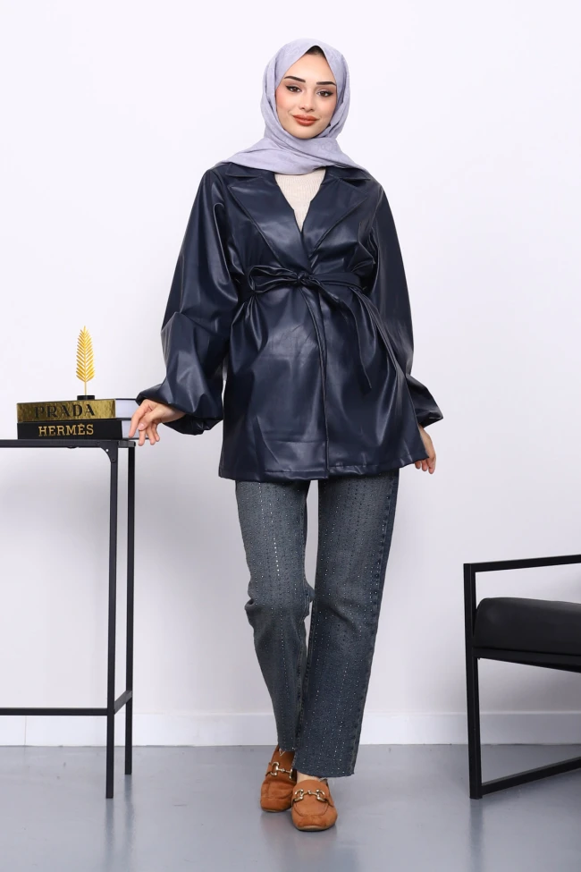 Lacivert Balon Kol Kuşaklı Deri Ceket