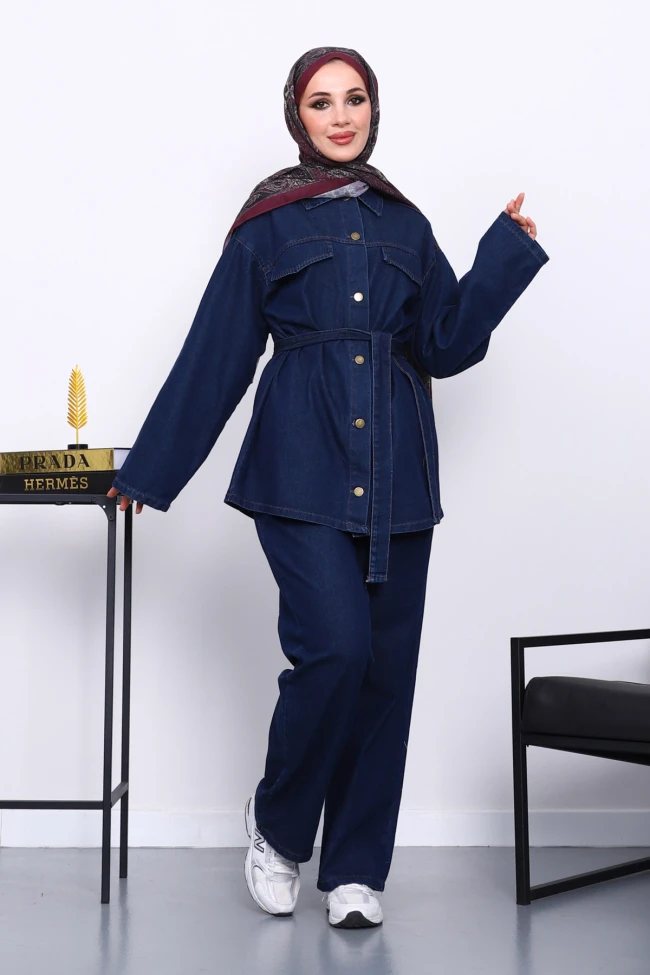 Lacivert Bel Kuşaklı Pantolonlu Kot Takım