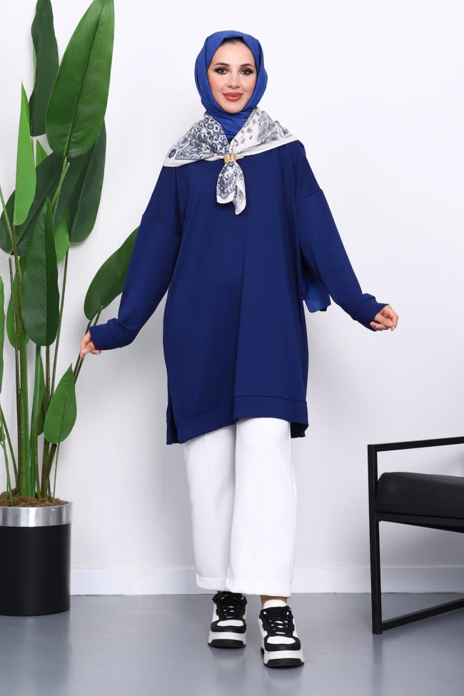 Lacivert Bisiklet Yaka Modal Tunik