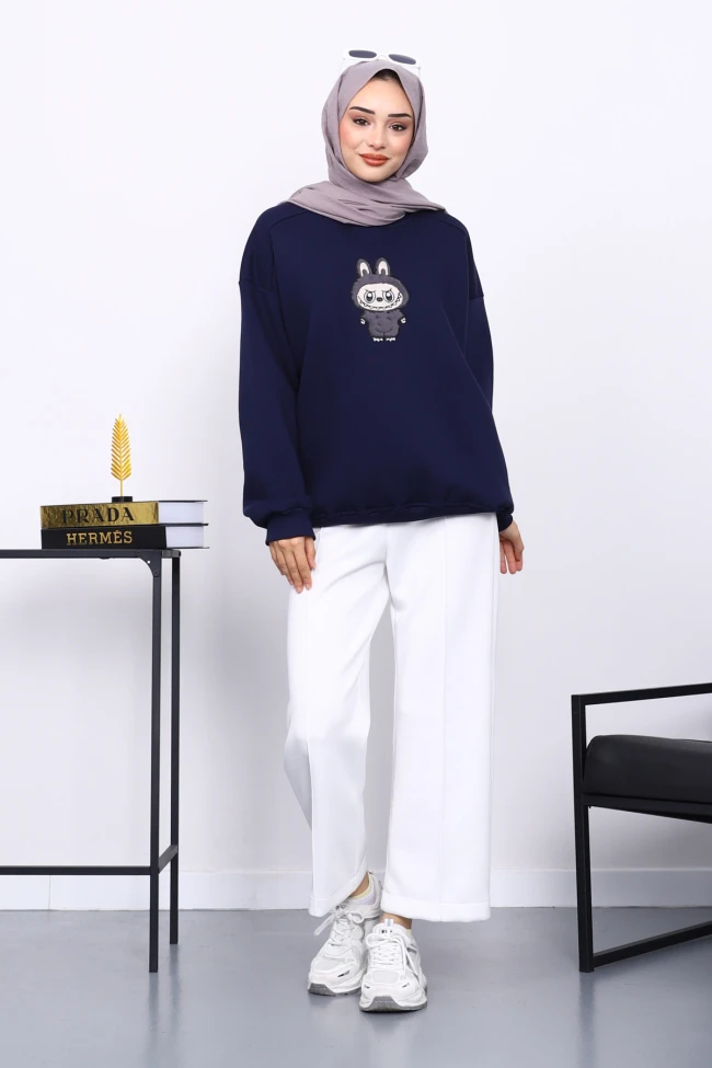 Lacivert Bisiklet Yaka Üç İplik Sweat