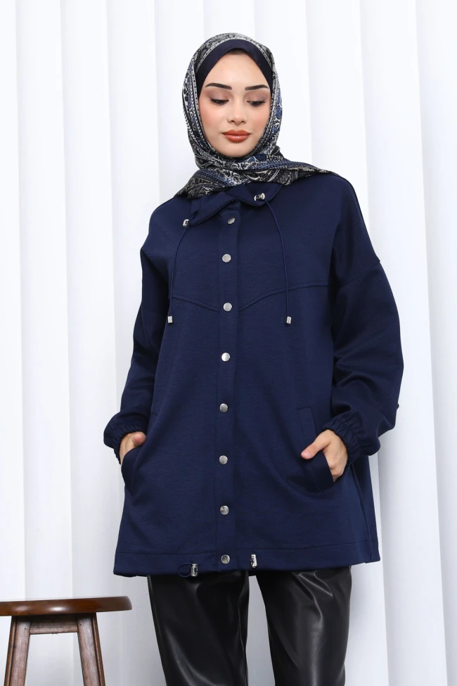 Lacivert Çıtçıt Detaylı Cepli Ceket