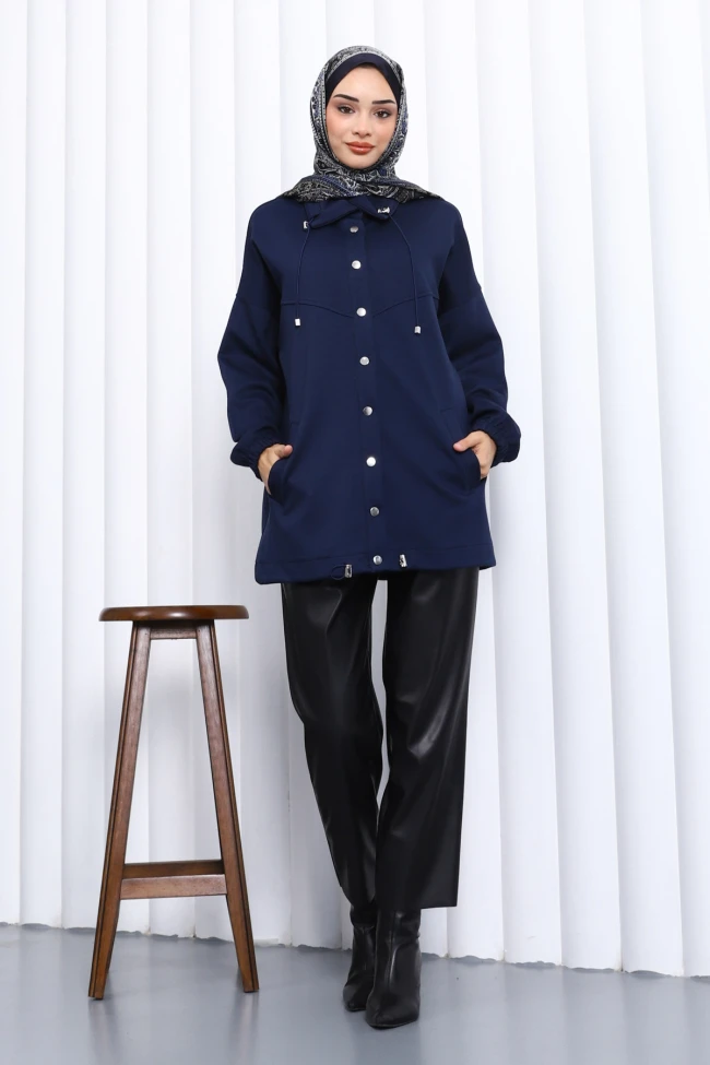 Lacivert Çıtçıt Detaylı Cepli Ceket